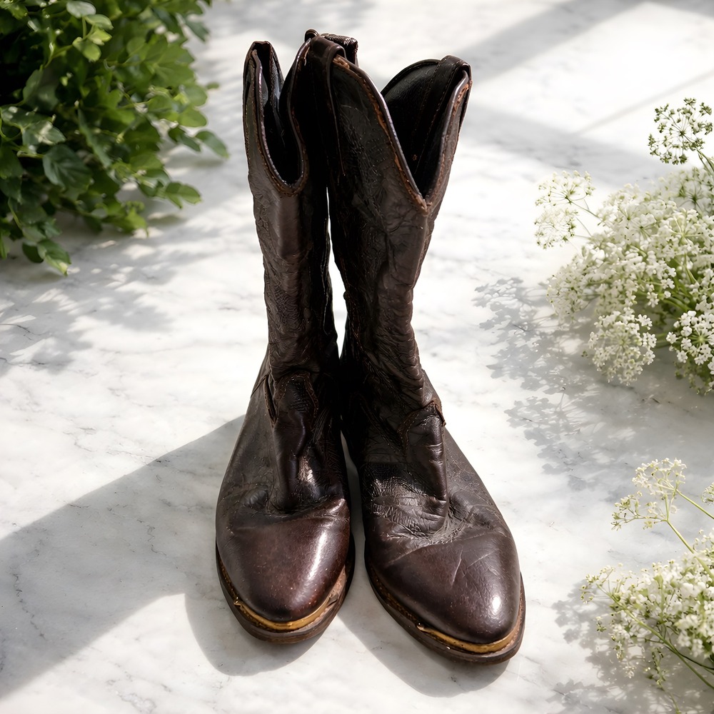 Durango Cowboy Boots Women 8 Dark Brown Good Leather Metal Toe Patchwork Shaft